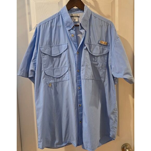 Columbia SPF 50 Vented Caped Fishing Hiking Outdoor Shirt Light Blue Mens Large - Picture 2 of 9